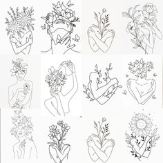 several drawings of flowers and people holding hands