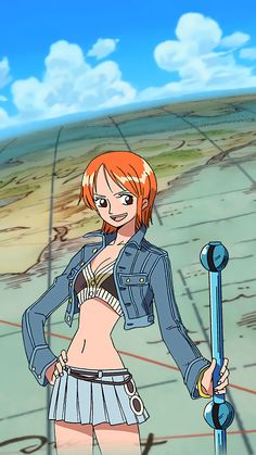 an anime character is standing in front of a map and holding a blue pole with her right hand