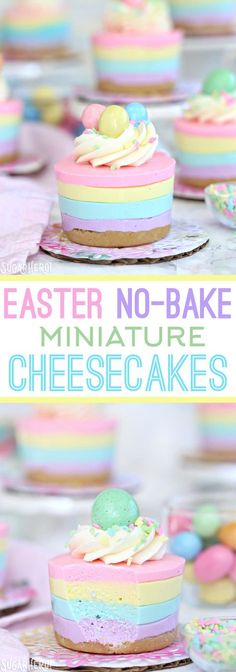 an image of easter no - bake miniature cheesecakes with text overlay