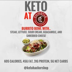 Keto Burrito Bowl - Eating Out - Chipotle Brandon Carter, Keto Restaurant, Keto On The Go, Keto Fast Food, Desserts Keto, Keto Menu, Fast Healthy Meals