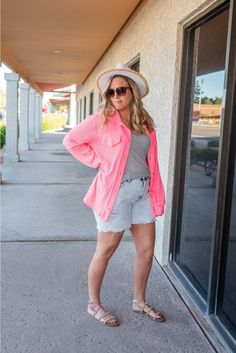 A spring shacket... yes please! This vibrant pink shacket is soft and stretchy, the ideal layering piece for chilly spring days. Model is 5'6", size 34C bust, and shown wearing a size medium Oversized Pink Shacket Outfit Women, Shacket Outfit Women Spring, Pink Shacket Outfit, Shacket Outfit Women, Pink Shacket, Shacket Outfit, Date Night Fashion, Night Fashion, Plus Size Swim