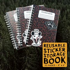 three notebooks with stickers on them sitting in front of trees and the words reusable sticker storage book