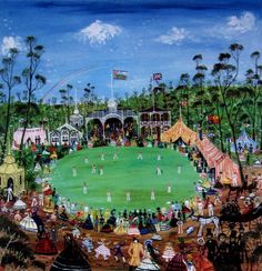 a painting of a cricket match in the park