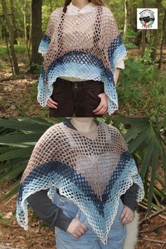 A crochet poncho is the colors of a beach and ocean wave, Made with 100% acrylic yarn in a mesh stitch, it's a perfect accessory for a summer cover-up, or a sea witch fantasy costume for Ren Faire! It's 11 inches from the neckline at the shortest point, and 22 inches from the neck at the longest point. Pattern by: Crazy Cool Crochet Bohemian Summer Open Knit Poncho, Bohemian Open Knit Poncho For Summer, Bohemian Open Knit Beach Poncho, Bohemian Open Knit Poncho For Beach, Summer Bohemian Open Knit Poncho, Bohemian Hand Knitted Poncho For Beach, Hand Knitted Bohemian Poncho For Beach, One Size Open Knit Poncho For Summer, Open Knit Summer Beach Poncho