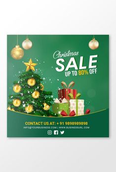 christmas sale poster with presents and gifts on the tree in front of a green background