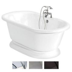 a white bath tub sitting next to a faucet