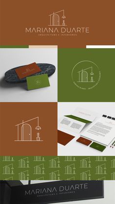 the logo and business card design for marina duarte is shown in green, brown and white