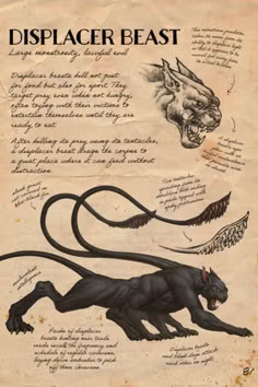 a drawing of a black panther with its mouth open and tail curled up, on top of a piece of parchment paper