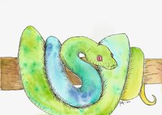 a drawing of a green and blue snake