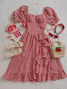 Red Gingham Dress Outfit, Cherry Outfits Ideas, Strawberry Girl Outfit, Strawberry Core Outfit, Cherry Themed Outfit, Americana Coquette Outfit, Cherry Girl Outfit, Different Aesthetics Fashion Types, Red Picnic Dress