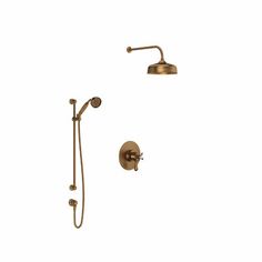 an antique brass shower faucet with thermostaer and hand showerhead