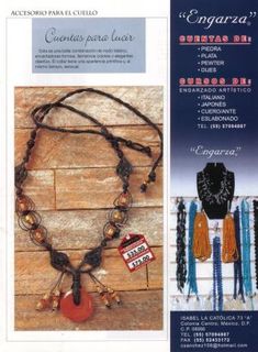 an advertisement for a necklace made with beads and other jewelry items on a wooden surface