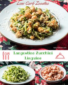 low carb zucchini linguinne with shrimp and broccoli in it