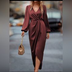 Party Wear Dress. Size 6. Brown Color, Soft Material. Brand New. Sukienki Plus Size, Long Skirt Fashion, 파티 드레스, Color Skirt, Lantern Sleeve Dress, V Neck Midi Dress, Skirt Style, Midi Shirt Dress, Polyester Dress