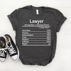 "Personalized Lawyer Nutrition Facts Shirt, Lawyer Shirt, Lawyer Gift, Lawyer T shirt, Lawyer Tshirt, Lawyer Tee, Lawyer T-shirt, Lawyer Gag ♥ This is a great personalized Lawyer gift that will put a big smile on the recipient's face. Gift them an unforgettable memory now! 🎀 𝐒𝐈𝐙𝐈𝐍𝐆 𝗔𝗡𝗗 𝐂𝐎𝐋𝐎𝐑𝐒 For detailed sizing information and color options, please see listing images. -B.C Only - It means that we have that color only for our Bella Canvas Tees. 📌 𝗛𝗢𝗪 𝗧𝗢 𝗢𝗥𝗗𝗘𝗥 𝟏. Selec Boss T Shirt, Bella Canvas Tees, Drummers, Smile On, Lacrosse, Unisex Shirts, Scuba Diving, Tee Design, Lawyer