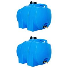 two blue plastic tanks sitting side by side