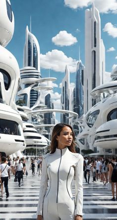 a woman standing in front of a futuristic city with lots of white buildings and people