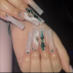 Quinceanera Nails, Emerald Nails, Green Acrylic Nails, Milky Nails, Green Nail, Simple Acrylic Nails