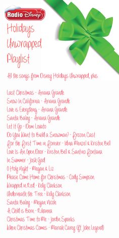 the holiday playlist for disney's christmas movies is shown in red and green