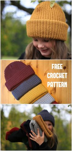 three pictures showing different hats and gloves with text that reads free crochet pattern