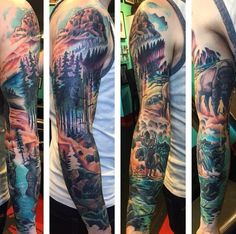 three different views of a man's full sleeve with mountains and trees on it