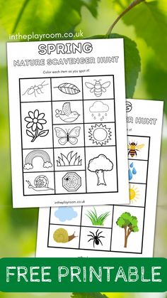 the printable spring activities for kids to learn and play with are shown in front of green leaves