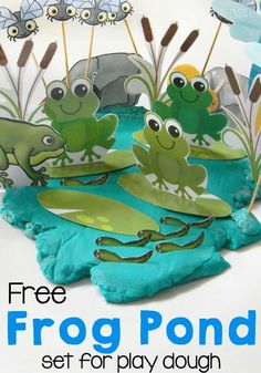 frog pond set for playdough with free printables on the front and back