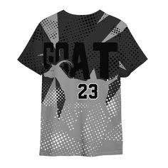 Brand Dunkare Dunkare Black Wolf Grey 12s Shirt G.O.A.T Streetwear Number 23 Shirt Graphic Outfit Black All Over Print Short Sleeve Jersey, Black Short Sleeve Jersey With All Over Print, Black T-shirt With All Over Print For Sports Events, Sports Tops With Sublimation Print And Short Sleeves, Casual Sports Top With All Over Print, Cotton Crew Neck Jersey With Graphic Print, Fitted Crew Neck Jersey With Graphic Print, Crew Neck Tops With All Over Print For Sports, Fitted Sports Shirt With Graphic Print