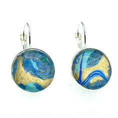 Handmade French Lever Earrings Hand Painted Glass Domes. I Create My Impressions Using Fluid Painting Method, Collecting Paint Running Off My Paintings, Curing It And Then Using To Make Jewelry , Magnets, And Other Cuteness Listing Price Is For One Pair , But Message Me For Bundle Discount With Any Other Items In My Shop Handmade Blue Round Clip-on Earrings, Sterling Silver Blue French Hook Earrings, Blue Sterling Silver Earrings With French Hook, White Tassel Earrings, Antique Silver Earrings, Bottle Earrings, Beaded Leaf, Natural Stone Earrings, Handmade Earrings Beaded