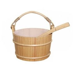 a wooden bucket with a handle and two handles on the side, in front of a white background