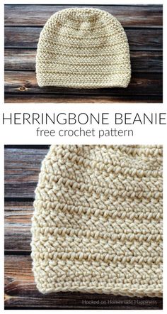 the herringbone beanie free crochet pattern is shown in two different colors