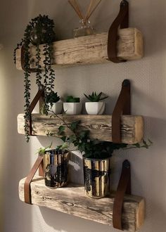 two wooden shelves with plants and pots on them, hanging from the wall in a bathroom