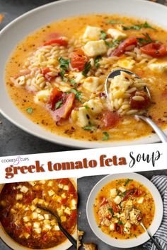 a bowl of greek tomato feta soup with two plates and spoons on the side