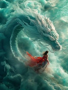 a woman is standing in the water next to a dragon