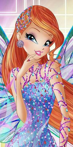 a cartoon fairy with long red hair and blue dress, holding her hand to her face