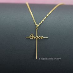 "Express your faith with a Solid Sterling Silver or 18K Gold Plated Grace Cross Necklace.  The minimalist Grace script necklace has a simple yet elegant look! Made in NC, USA, and shipped the next day! ✝️Material: Sterling Silver ✝️Finish: High Polished Rhodium or 18K Gold plated ✝️Nickel Free, Tarnish Resistant ✝️Dimensions:             Size: Height: 27 mm (1.06\").                     Width: 14 mm (0.55\") ✝️The chain length: 16, 17, 18, or 20 inches Each item comes in a gift box, ready to be gifted! 😊 ✝️ We offer this pendant in a larger size (41 mm / 1.6\"). Please check our home page. A Personalized Jewelry (APJ) is a branch of Minique Jewelry.  https://www.etsy.com/shop/MiniqueJewelry" Cross Necklace Womens, Christian Jewelry For Women, Cross Pendant Necklace Woman, Grace Necklace, خواتم خطوبة, Best White Elephant Gifts, Christian Accessories, Couple Ring Design, Script Necklace