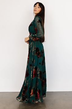 Say hello to our Mikla Velvet Maxi Dress! This gorgeous dress features burnout velvet with burgundy, rust and gold floral! Mother Of The Bride Boho Dress, Boho Mother Of The Bride Dresses, Jade Background, Bohemian Witch, Long Velvet Dress, Boho Mother, American Girl Doll Crafts, Baltic Born, Burnout Velvet