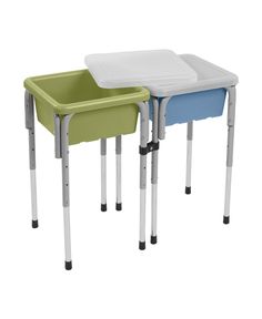 three different colored tables with metal legs and one is sitting on top of the other