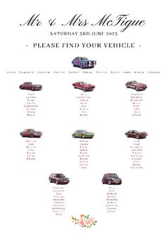 the wedding car seating chart is shown