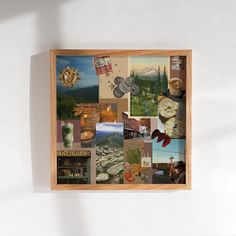 a collage of pictures is displayed in a wooden frame on the wall above it