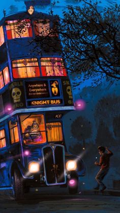 a double decker bus is lit up at night with people on the sidewalk below it