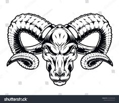 the ram's head with long horns is shown in this black and white illustration