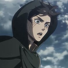 an anime character wearing a hoodie looking at the camera with clouds in the background