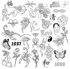 an assortment of tattoo designs and symbols