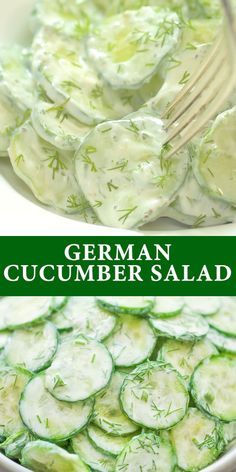 cucumber salad in a white bowl with a fork and green lettering on the side