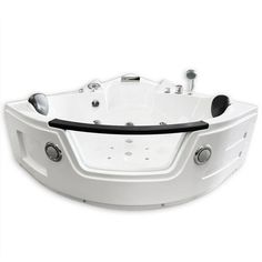 a white hot tub sitting on top of a white wall next to a black handle