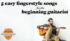 a man sitting on top of a chair holding an acoustic guitar with the words 5 easy fingerstyle songs for the beginning guitarist