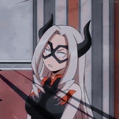 an anime character with long white hair and black horns on her head is standing in front of a window