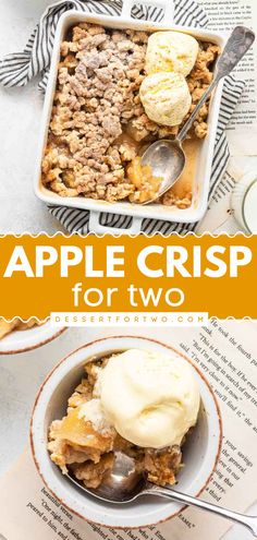 Here's an easy fall recipe you'll want to enjoy all season long! From the sweet filling to the oat topping, this small batch apple crisp for two is everything you want and more. Enjoy this apple dessert recipe with some ice cream! Apple Crisp For Two, Apple Crisp With Oats, Apple Cobbler Easy, Apple Crisp No Oats, Apple Desserts Easy, Apple Crumble Recipe, Apple Crisp Easy, Fall Desserts Easy