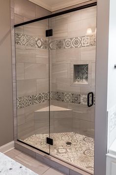 a walk in shower sitting next to a white sink and counter top under a window